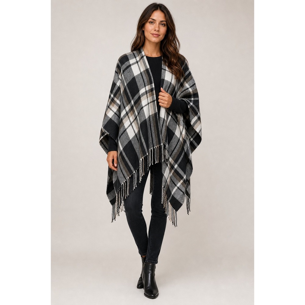 Unbranded Plaid Poncho Wrap Women OS Black White Tan Excellent Fringe Trim Open